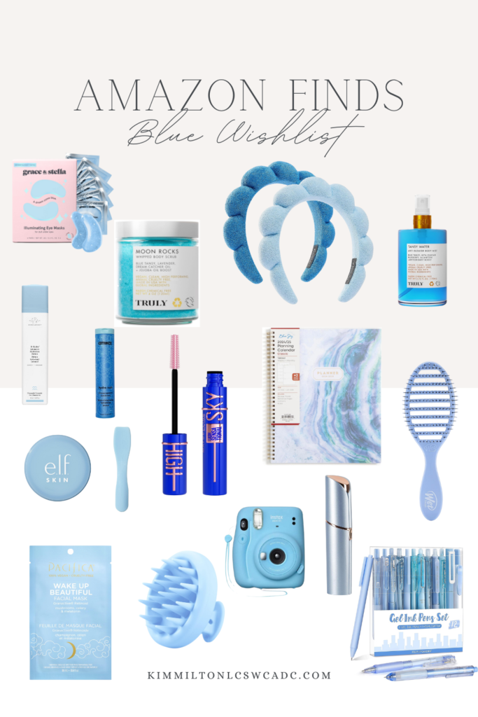 gift ideas for teen girls, Collection of best-selling blue aesthetic products, including beauty items and lifestyle accessories, perfect for adding a tranquil pop of baby blue.